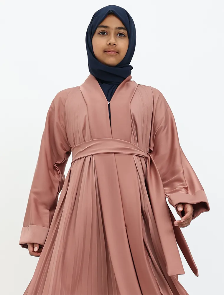 Girls Peach Pleated Silhouette Abaya